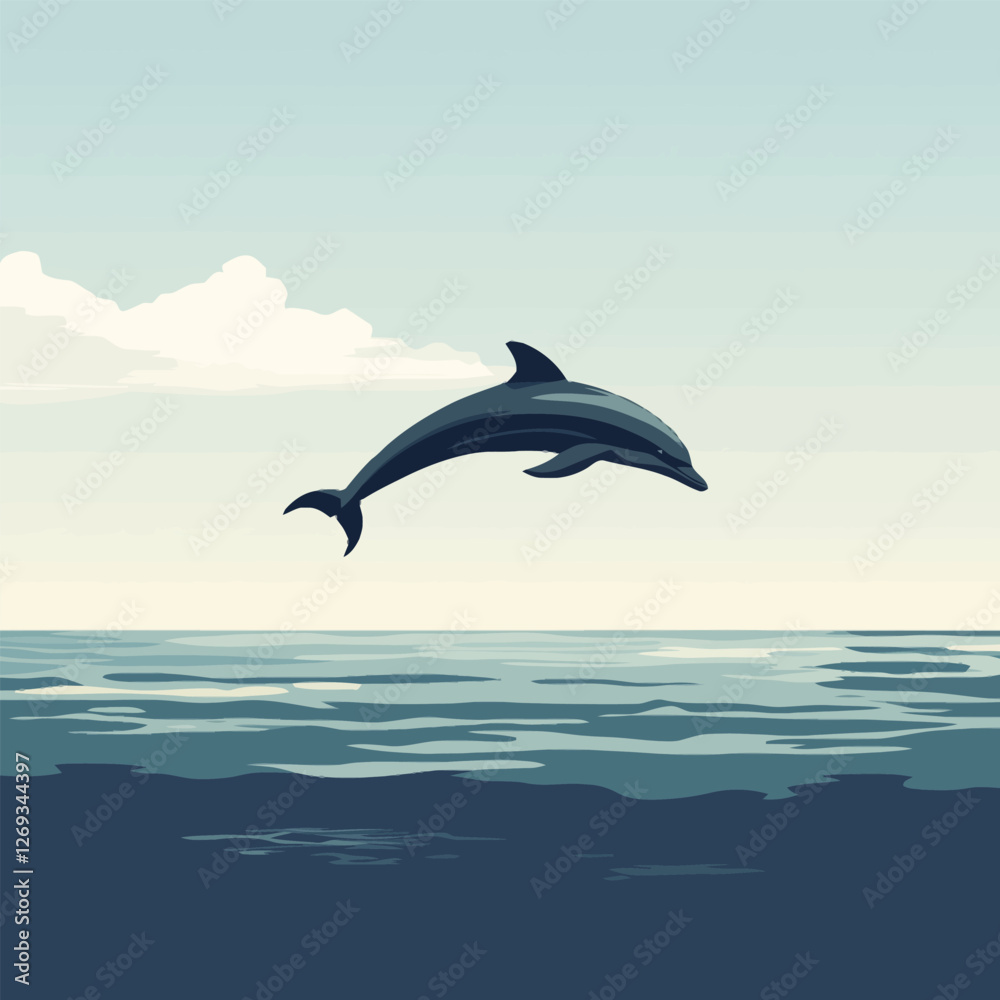 Fototapeta premium A lively 2D vector of a dolphin leaping out of the ocean waves.
