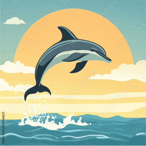 A lively 2D vector of a dolphin leaping out of the ocean waves.