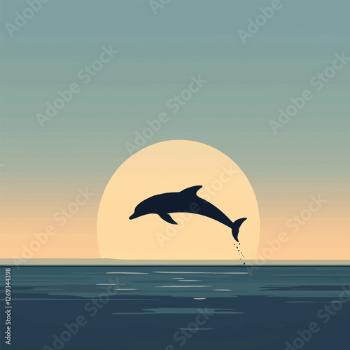 A lively 2D vector of a dolphin leaping out of the ocean waves.