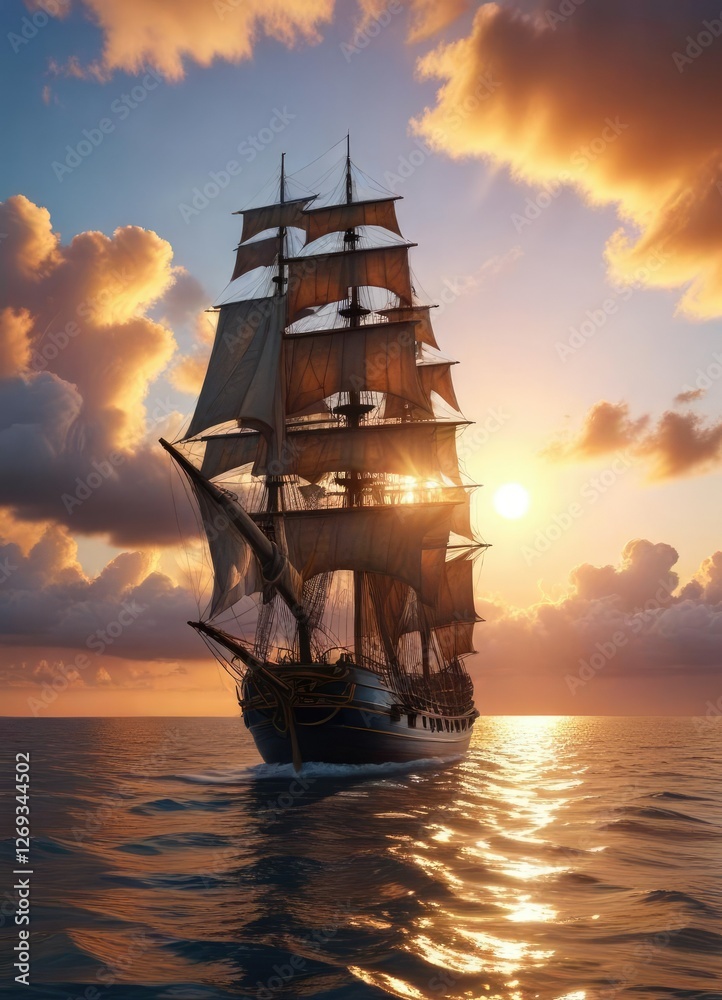 Fototapeta premium Tall ship sailing under a peaceful sky with clouds at sunset on a serene sea, sunset, sailing ship, calm