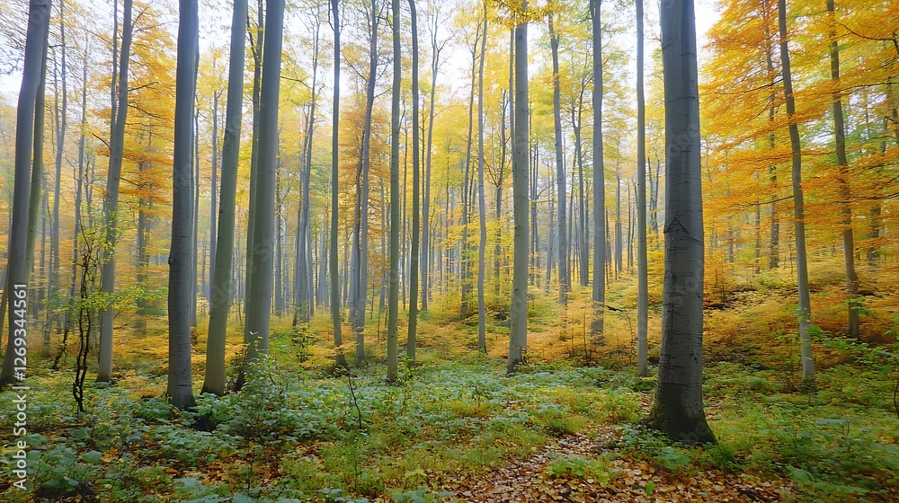 Fototapeta premium Golden Autumn Sunlight Through Tall Forest Trees