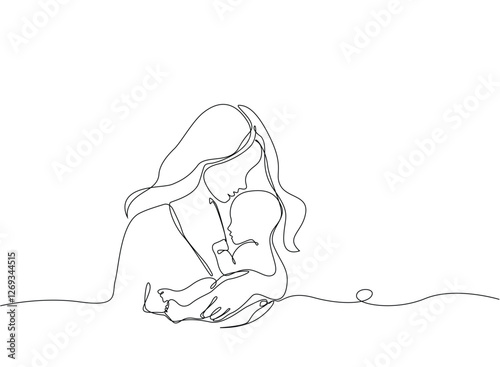 Mother and baby single line art vector illustration, mother's day celebration concept background.