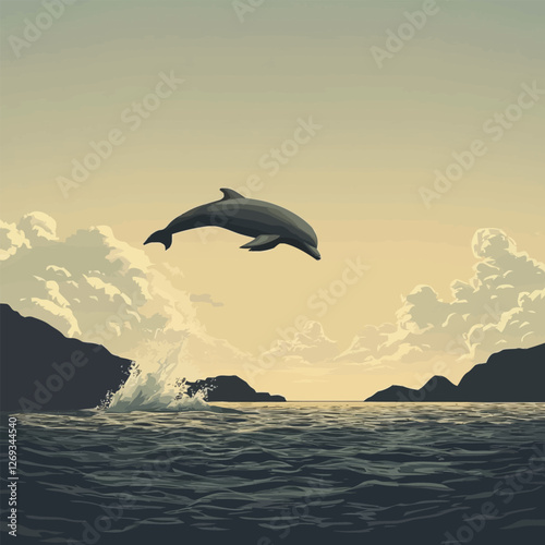 A lively 2D vector of a dolphin leaping out of the ocean waves.