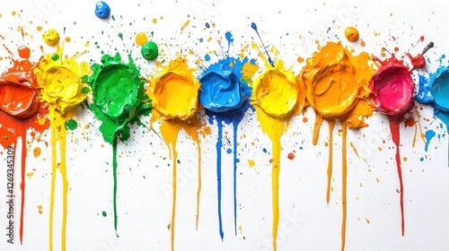 Colorful paint splatters and drips on white background; art supplies, creative process photo