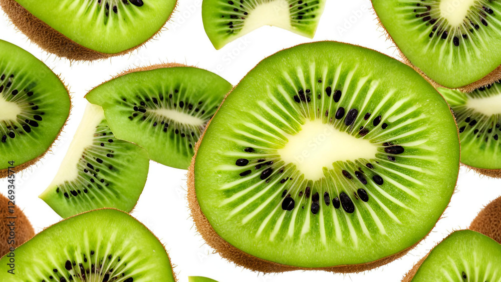 Fototapeta premium A single kiwi fruit, divided into two equal parts, is showcased on a white background, accompanied by a clipping path for enhanced visibility
