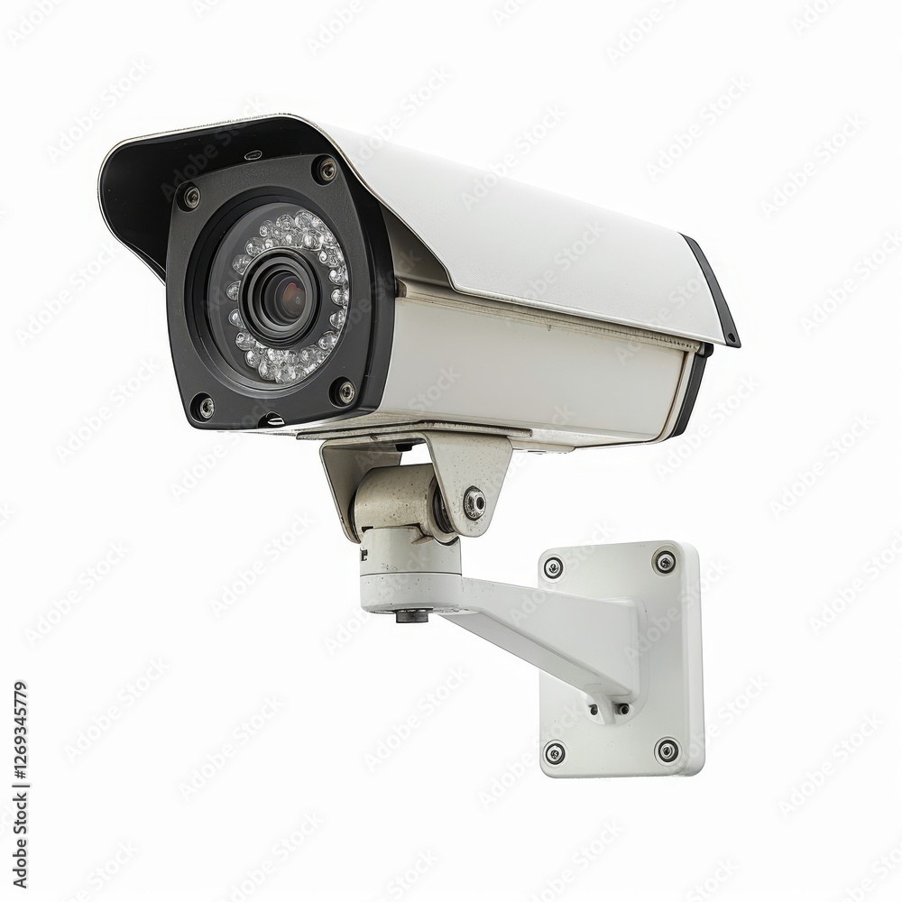 A modern surveillance camera mounted on a wall, designed for security monitoring and recording. A modern surveillance camera mounted on a wall, designed for security monitoring and recording.