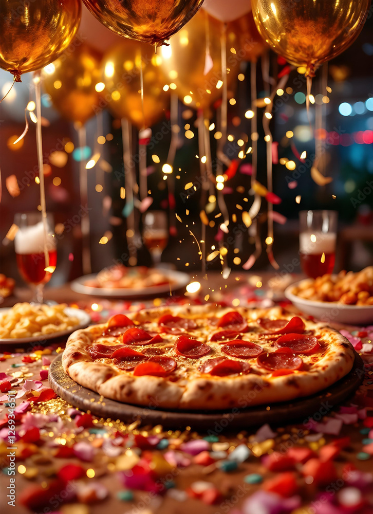 Delicious pizza with colorful confetti, vibrant multicolor background, and golden balloons, festive party food, celebration mood, fun event, stylish dining, trendy food photography