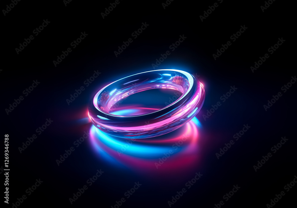 A luminous ring emitting vibrant pink and blue neon light is set against a dark background, creating a futuristic and sleek aesthetic with a reflective surface. A luminous ring emitting vibrant pink and blue neon light is set against a dark background, creating a futuristic and sleek aesthetic with a reflective surface.