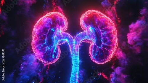Vibrant neon human urinary system glowing brightly