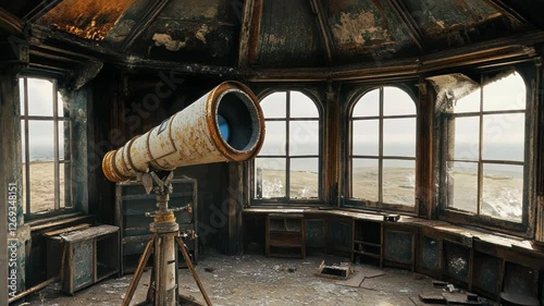 Wallpaper Mural A dilapidated observatory featuring a large telescope and weathered furniture. Torontodigital.ca