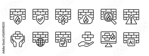 Cyber security firewall technology thin line icon set. Containing secured, network, internet, warning, protection, privacy, search, shield, padlock, cyberspace, ai. Vector illustration