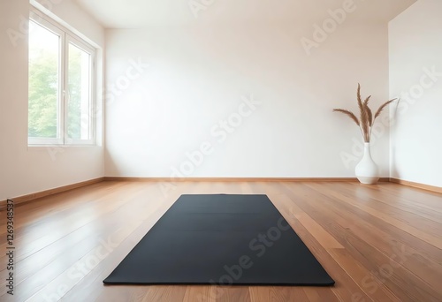 an image of a yoga mat in a room with a vase of flowers, there is a yoga mat in a room with a vase of flowers photo