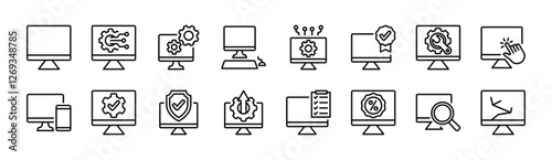 Computer monitor device technology thin line icon set. Contains settings, display, touch screen, guarantee, repair, mobile, protection, discount, search, specification, list, upgrade. Vector