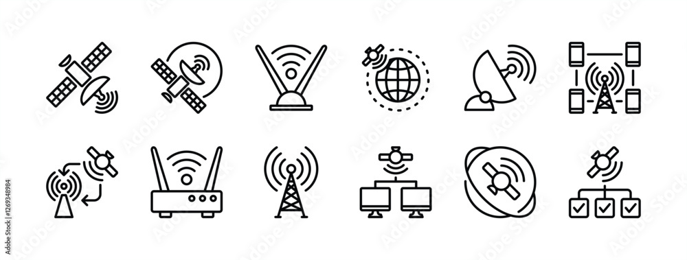 Fototapeta premium Wireless satellite technology thin line icon set. Contains satellite dish, antenna, tower, telecom, connection, internet, server, router signal, international orbit, communication. Vector illustration