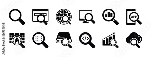 Search engine icon vector set. Searching magnifying glass symbol. Containing browser, website, computer, optimization, app, data analytics, code, cloud computing, firewall, storage