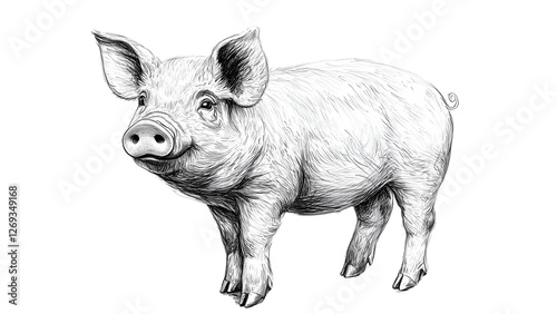 pencil sketch of a pig in profile, the pig is looking to the right with a thoughtful expression. the drawing has a minimalist style, emphasizing the pig's simple form and details