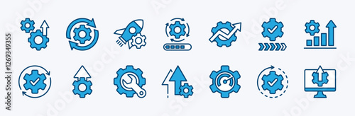 Set of upgrade, update, progress, process, development and improvement icon vector. Contains startup, maintenance, repair, speed, setup, configuration, installation, technology, growth bar