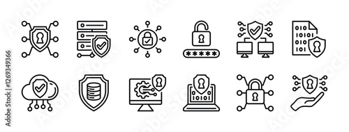 Secure, safety, protection, lock, padlock and security shield technology of encryption thin line icon vector set. Contains data, secret code, cyberspace, cloud computing, computer, server, connection