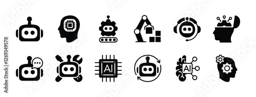 Robot technology icon vector set. Containing artificial intelligence or ai, brain chips, automatic machine, customer support, communication, repair, gearwheel, smart tech, process, automation