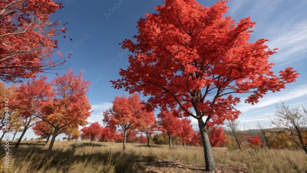 Trees covered in bright red leaves against a clear blue sky, forest scenery, autumn colors Trees covered in bright red leaves against a clear blue sky, forest scenery, autumn colors