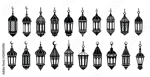 set of silhouette of arabic lantern high detailed. isolated on a transparent background. 
