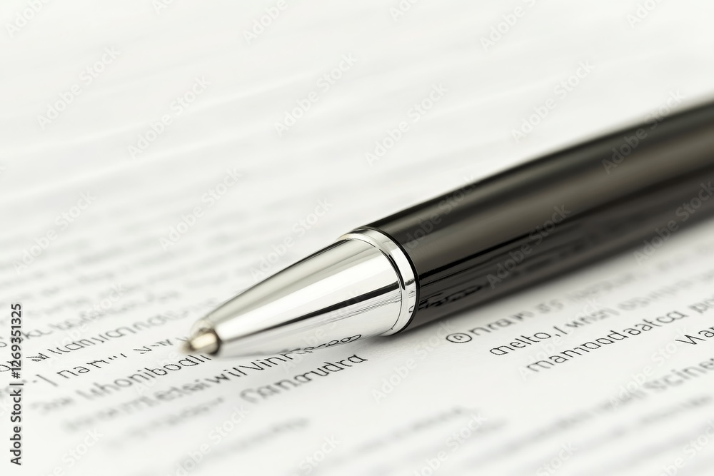 Close-Up of Black Pen on Document With Printed Text Background Close-Up of Black Pen on Document With Printed Text Background