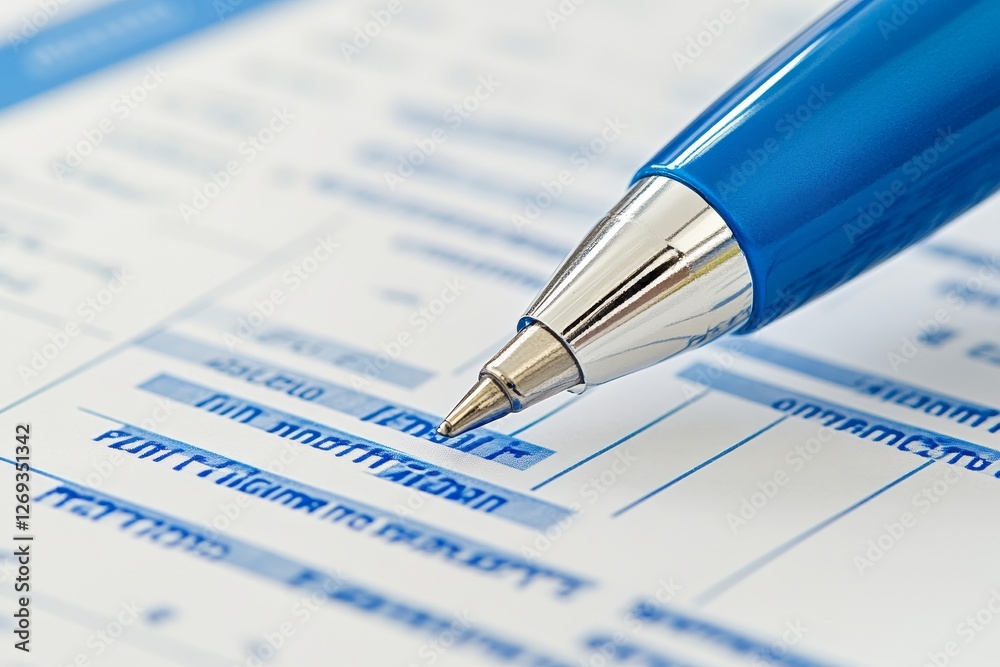 Close-up of Blue Pen on Document with Highlighted Text and Lines Close-up of Blue Pen on Document with Highlighted Text and Lines