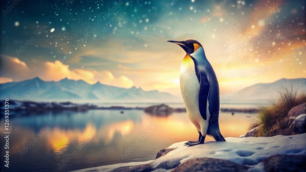 Obraz premium Vintage Penguin on Snowy Hillside by Lake - Retro Wildlife Photography