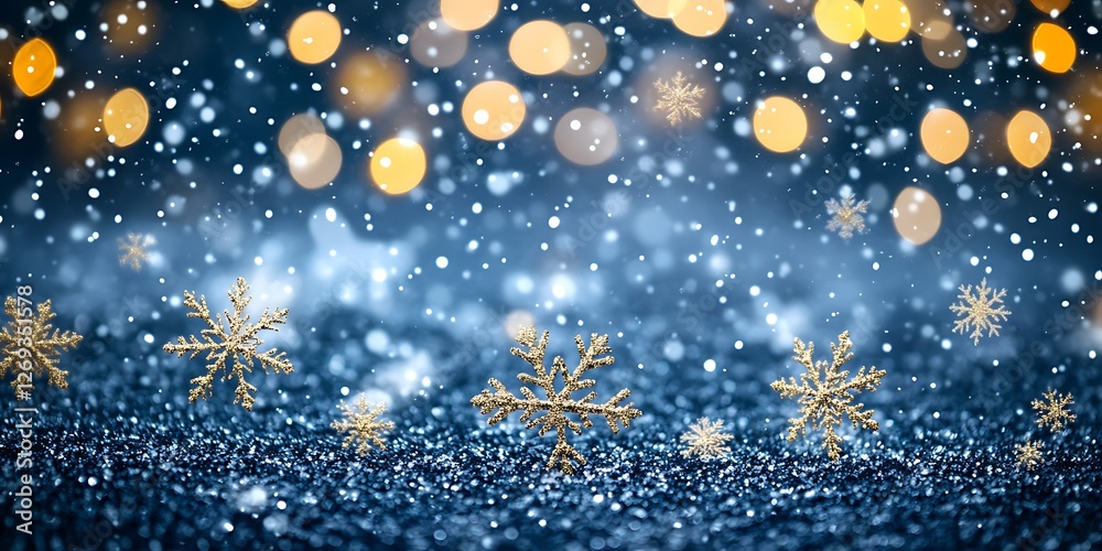 Fototapeta premium Winter Magic Golden snowflakes and shimmering lights against a dark blue background creating a festive and enchanting atmosphere for the winter season