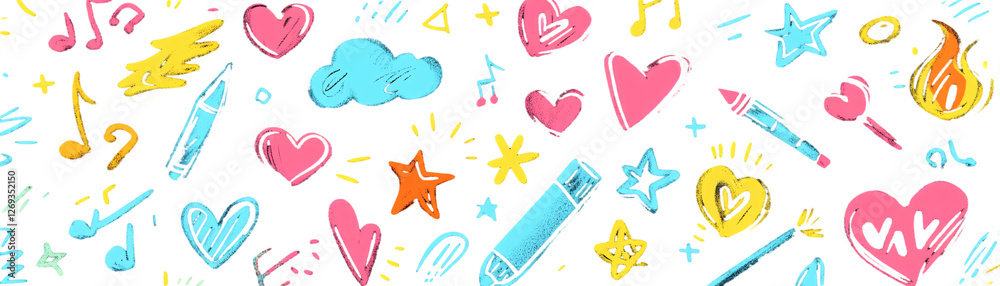 Cute doodle style, colorful drawings of various simple symbols flowers and hearts, clouds, stars, lines png