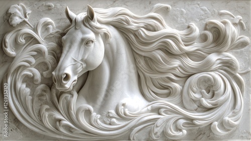 Carved white horse in relief surrounded by flowing lines for decorative wall art photo