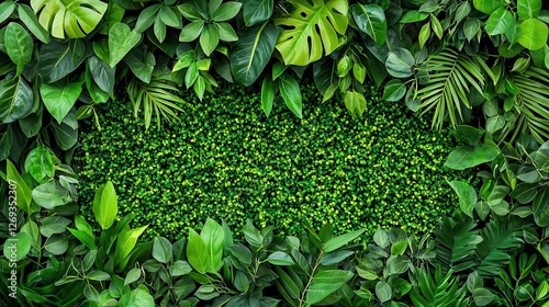 Lush green foliage with various leaves on a textured background.