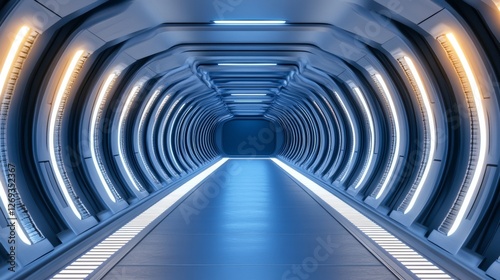 Long metallic sci fi corridor with orange lights on walls and blue lights on ceiling leading to a dark area