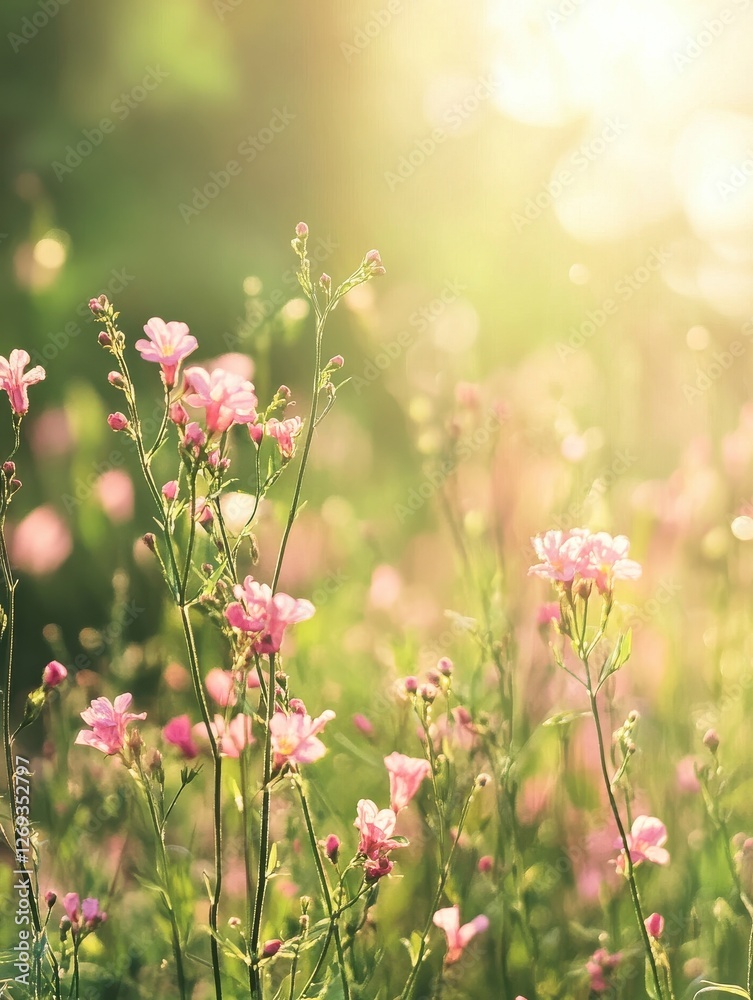 Pink spring flowers on a meadow, blurry sunlight background