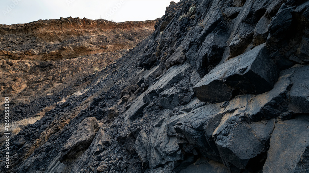 A rugged pile of volcanic tuff and basalt rock, highlighting their unique porous and layered formations formed over millions of years. A rugged pile of volcanic tuff and basalt rock, highlighting their unique porous and layered formations formed over millions of years.