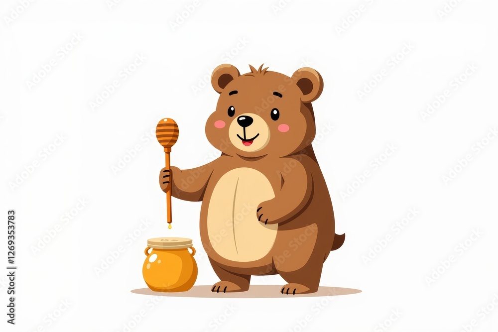 Obraz premium Cute bear with honey pot holds a honey dipper, exuding charm and playfulness. Concept showcases bear with honey pot, ideal for children's themes and nature illustrations.