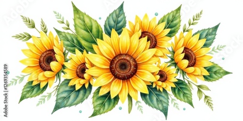 Wallpaper Mural Vibrant Watercolor Sunflowers and Greenery Arrangement Featuring a Lush Composition of Golden Petals and Verdant Foliage, Perfect for Decorative Purposes Torontodigital.ca