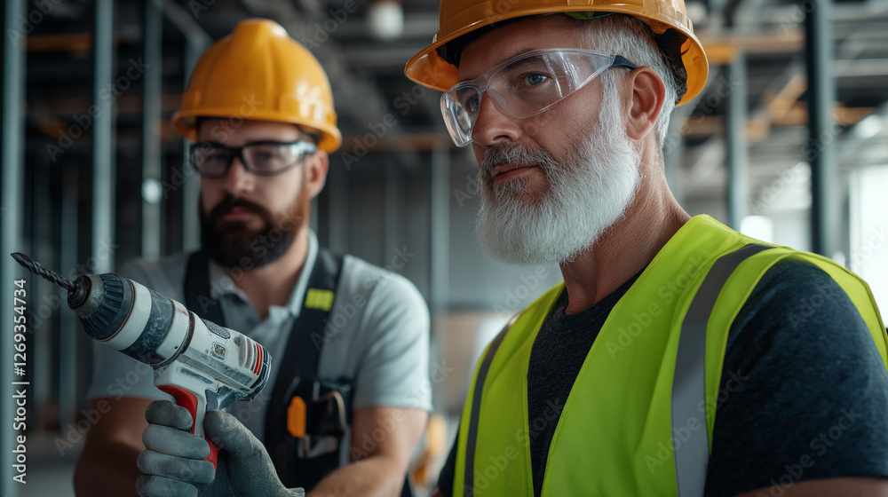 A construction worker operating a heavy-duty drill, while a manager wearing glasses and a safety vest supervises the process with a focused expression. A construction worker operating a heavy-duty drill, while a manager wearing glasses and a safety vest supervises the process with a focused expression.