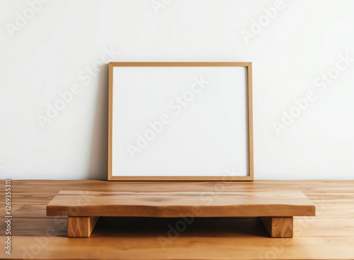 an image of a blank picture frame on a wooden platform, there is a picture frame on a wooden platform on a wooden floor photo