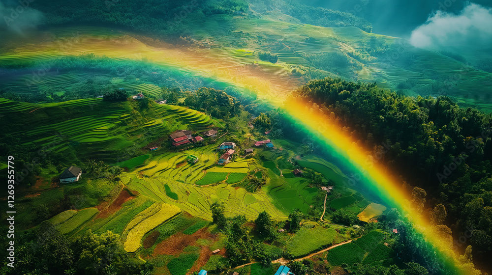Obraz premium Breathtaking aerial view of a lush green valley with a vibrant rainbow, symbolizing nature’s beauty, harmony, and hope, perfect for travel, inspiration, and environmental themes