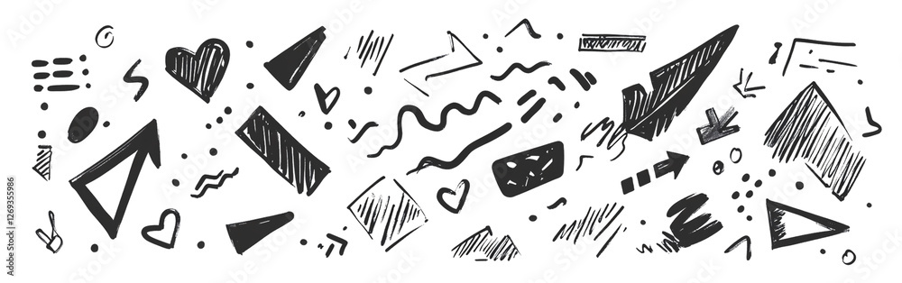 Fototapeta premium Black, hand-drawn doodle symbols of arrows, shapes, and letters png