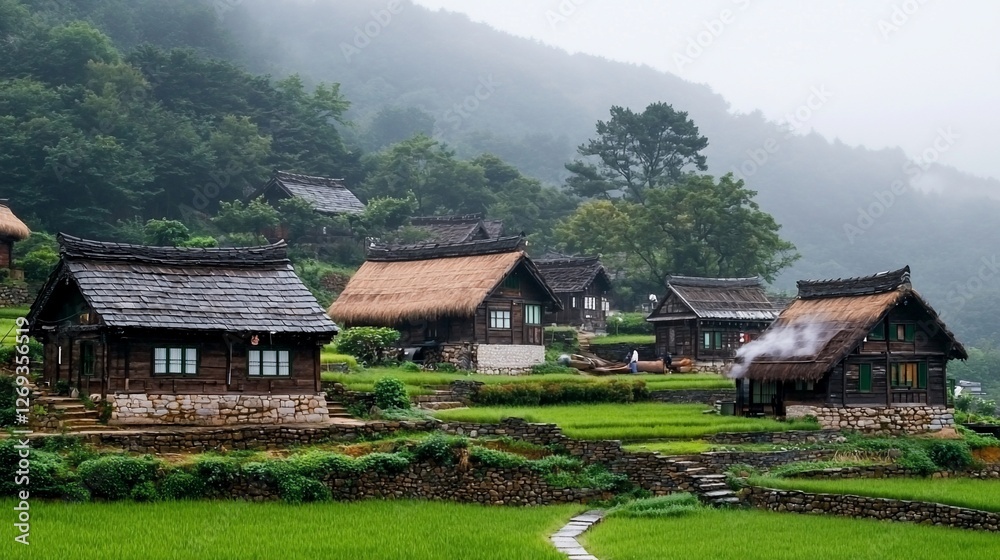 Misty mountain village with traditional thatched houses and rice paddies.