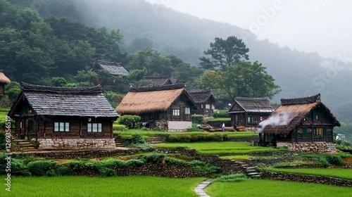Obraz na płótnie Misty mountain village with traditional thatched houses and rice paddies. w salonie