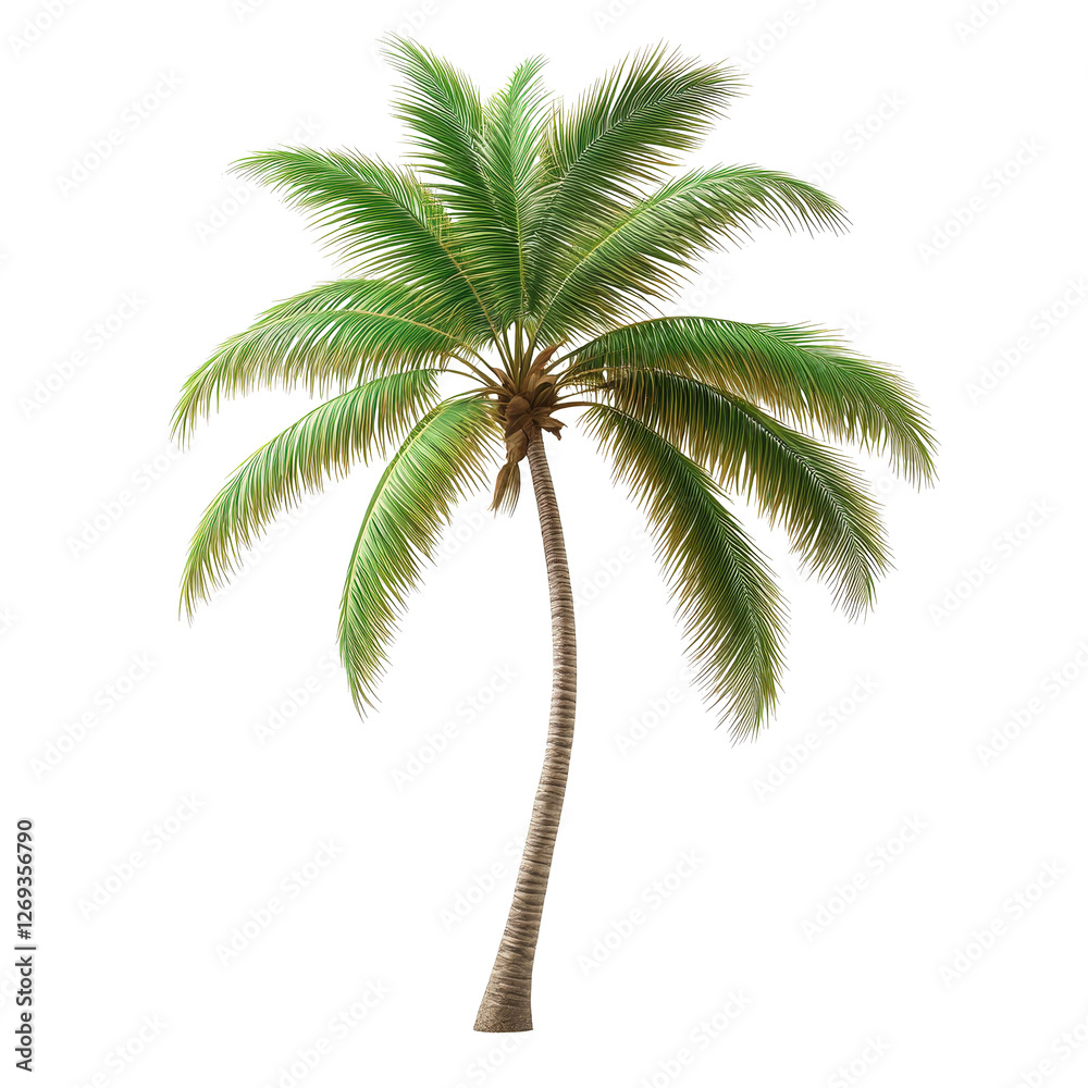 Obraz premium A tall palm tree with a long trunk and green leaves. The tree is the main focus of the image and it is standing alone in a white background. Concept of calmness and serenity