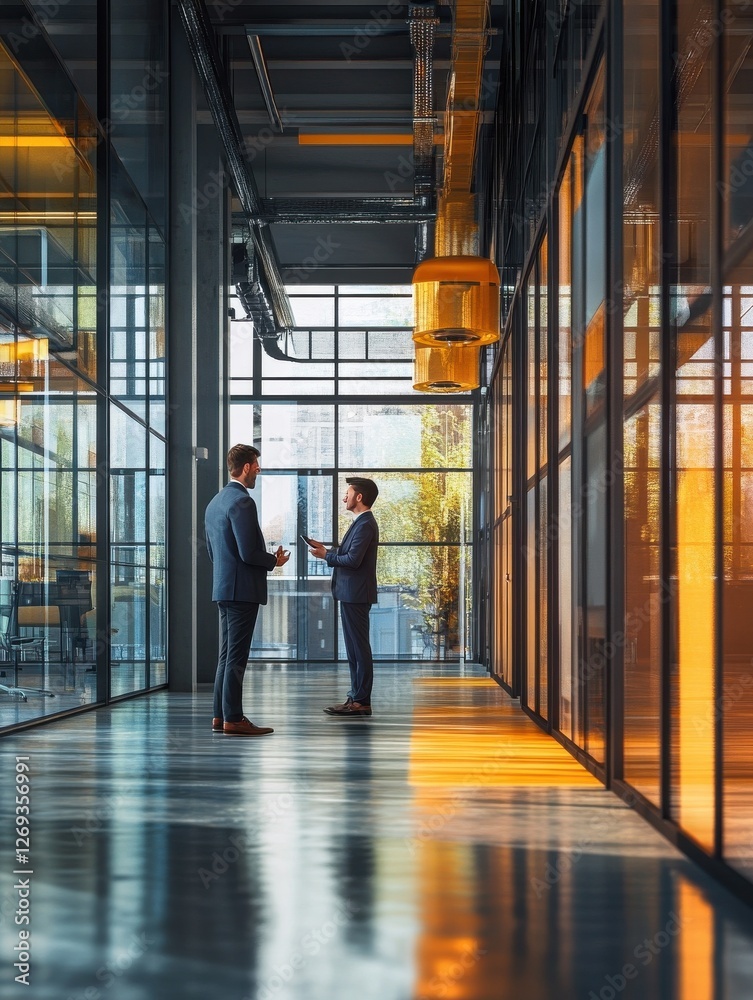 Fototapeta premium Business people talking in office corridor, industrial interior, panorama