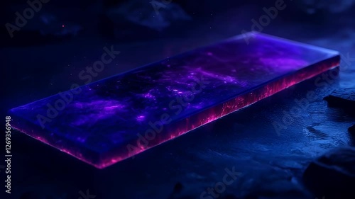 Glowing, rectangular prism rests on a dark, rocky surface.