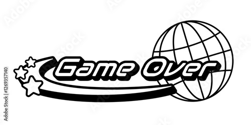 Bold Game Over logo with a futuristic Y2K design featuring a globe, and dynamic star elements. Retro gaming aesthetic. Futuristic cyber techno design for posters, stickers, ads, t-shirts, logos.