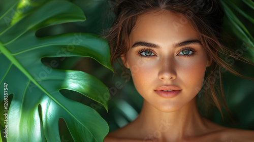 Young woman with perfect skin posing near large green monstera leaves, embodying natural beauty and wellness
