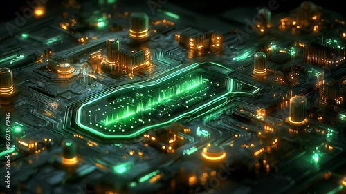 Futuristic Circuit Board with Glowing Green and Orange Pathways