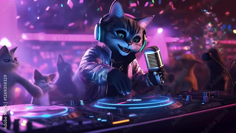 A DJ cat performs in a neon nightclub, mixing beats on turntables and singing into a microphone. A vibrant, futuristic party scene filled with energy, music, and glowing lights.